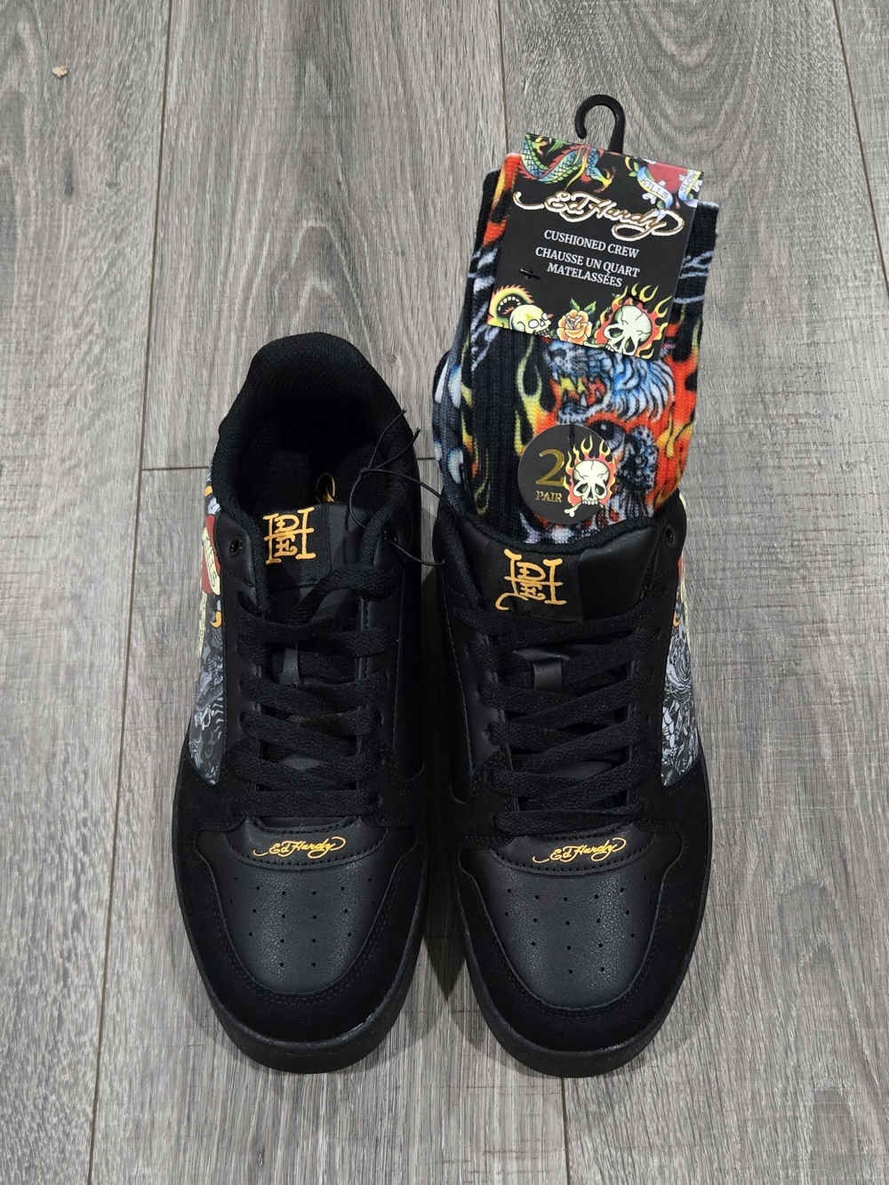 Ed Hardy Black Low-Top Sneakers with Multicolor Graphic Panels & Socks Combo.